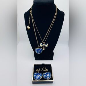 Vintage Betsey Johnson Blue & White Polka Dot Bow Heart Necklace & Earring Set